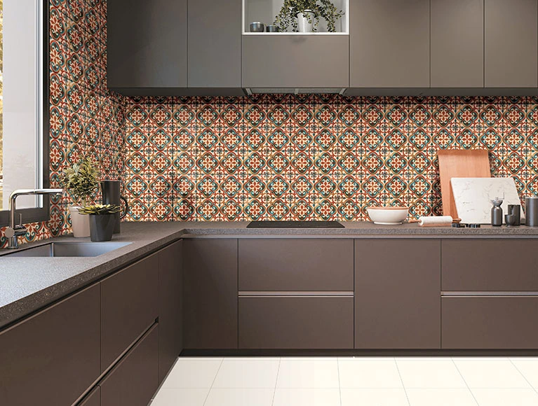 Simple kitchen design featuring with multi-colored patterned tiles